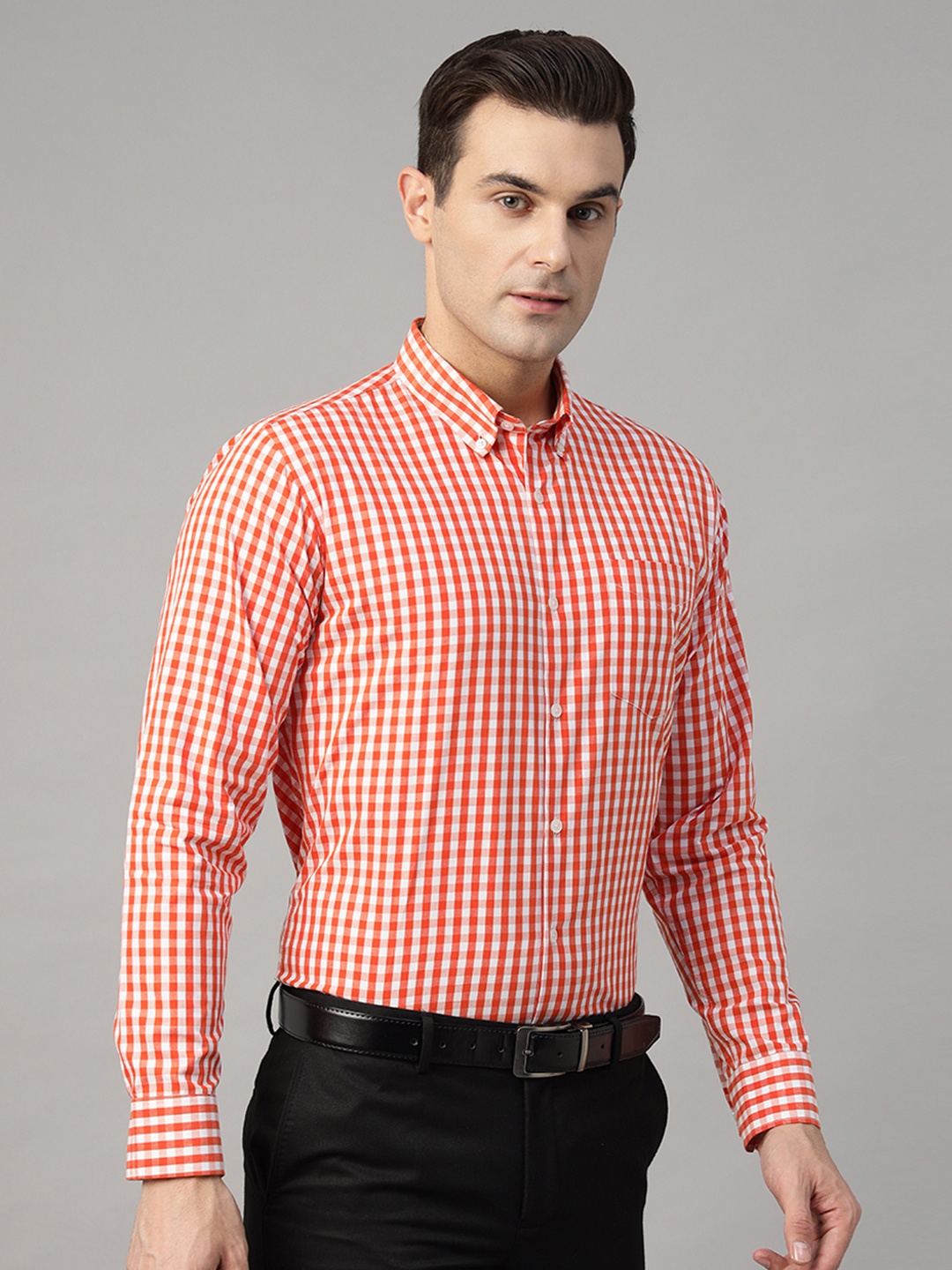 

Hancock Men Standard Slim Fit Gingham Checks Opaque Checked Formal Shirt, Orange