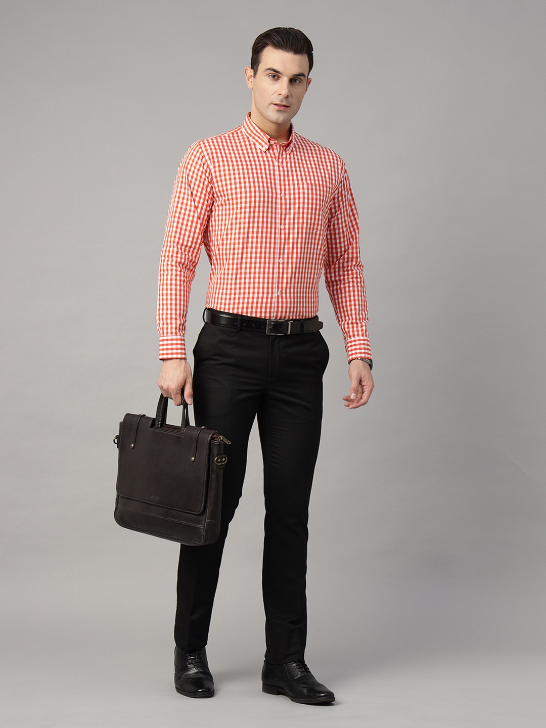

Hancock Men Standard Slim Fit Gingham Checks Opaque Checked Formal Shirt, Orange