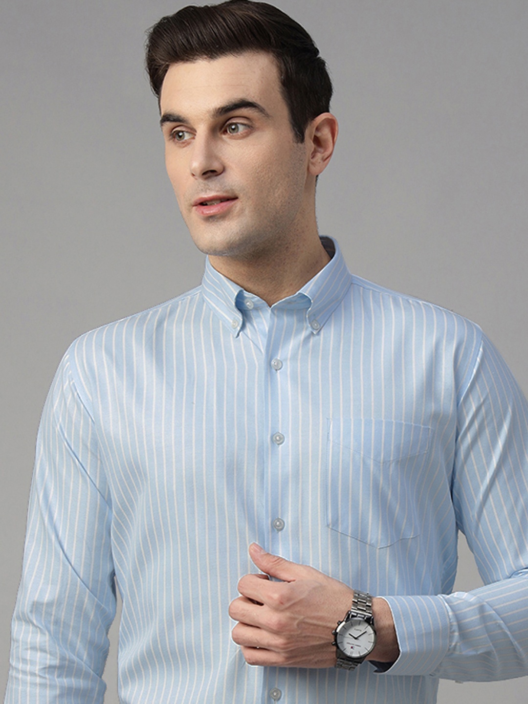 

Hancock Men Standard Slim Fit Opaque Striped Wrinkle Ressistant Formal Shirt, Blue