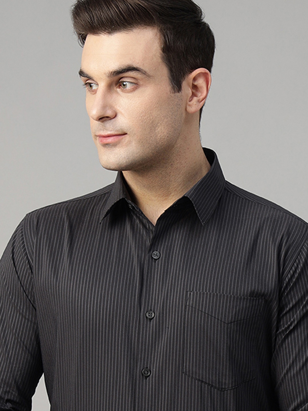 

Hancock Standard Slim Fit Pinstripes Opaque Striped Pure Cotton Stretchable Formal Shirt, Black