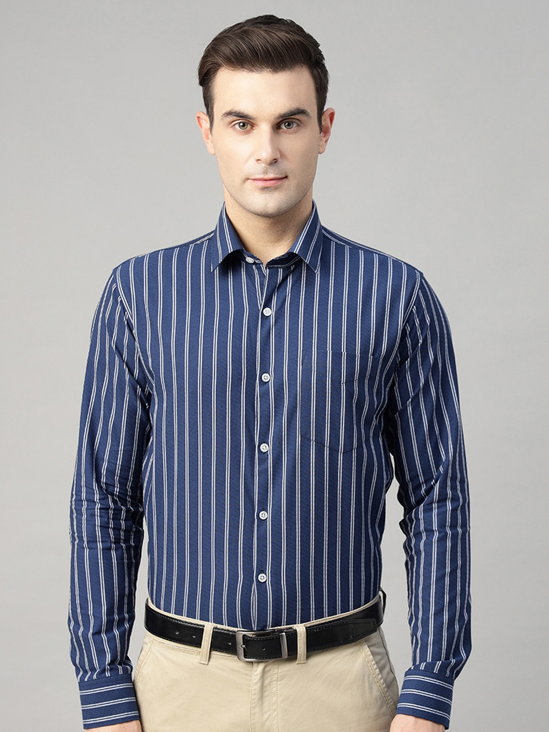 

Hancock Men Standard Slim Fit Opaque Striped Formal Shirt, Navy blue