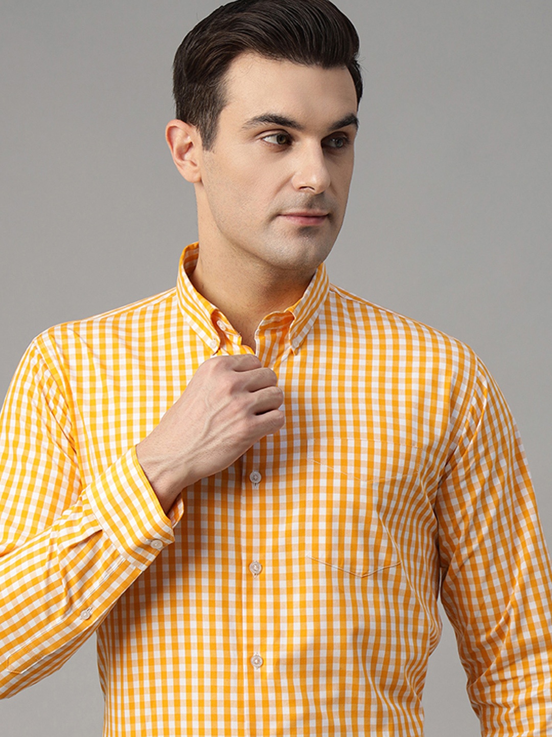 

Hancock Men Standard Slim Fit Gingham Checks Opaque Checked Formal Shirt, Yellow