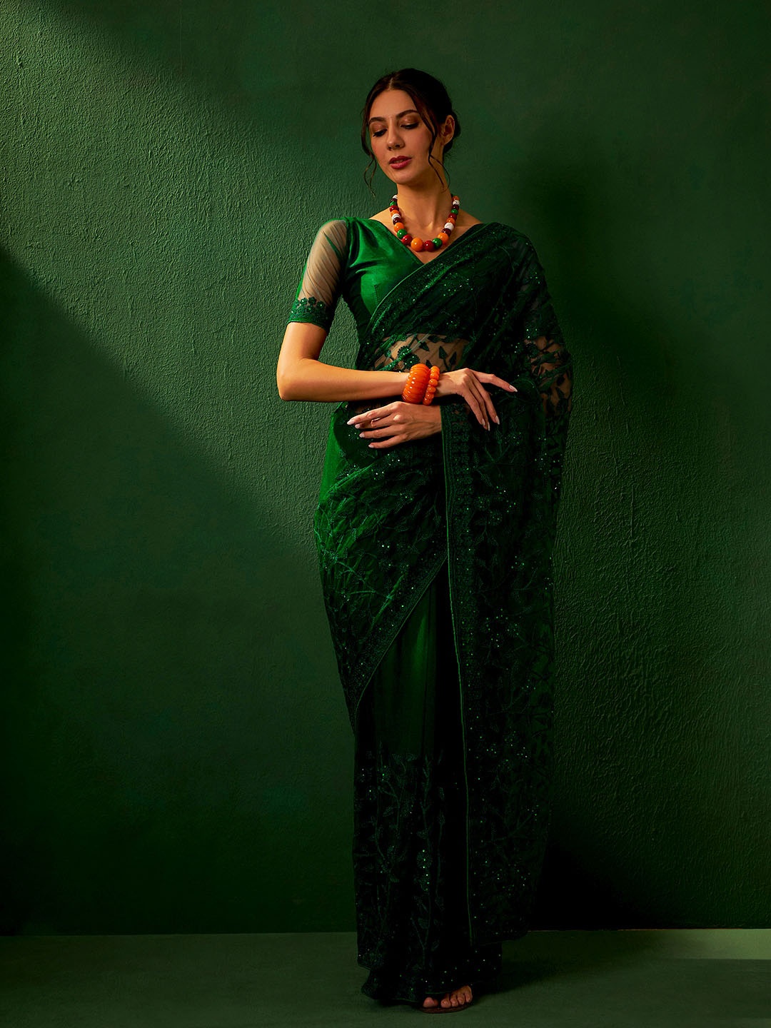 

Suha Embellished Beads and Stones Supernet Saree, Teal