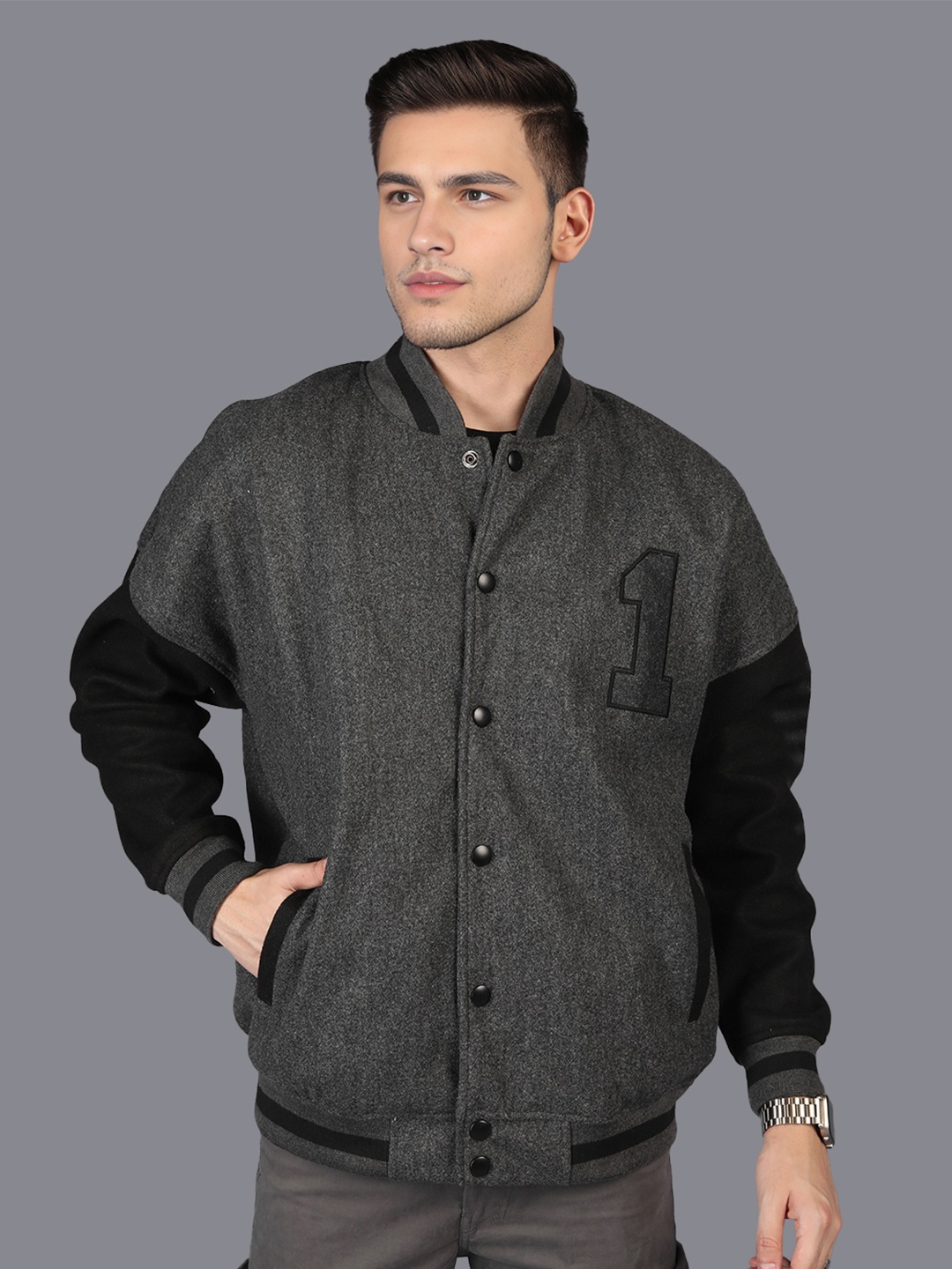 

HRX by Hrithik Roshan Men Colourblocked Stand-Collar Oversized Varsity Jacket, Grey