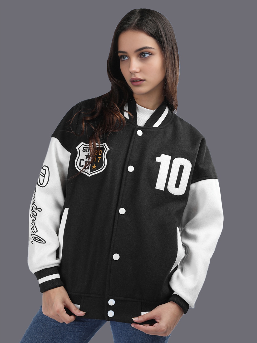 

HRX by Hrithik Roshan Women Colourblocked Stand Collar Oversized Varsity Jacket, Black