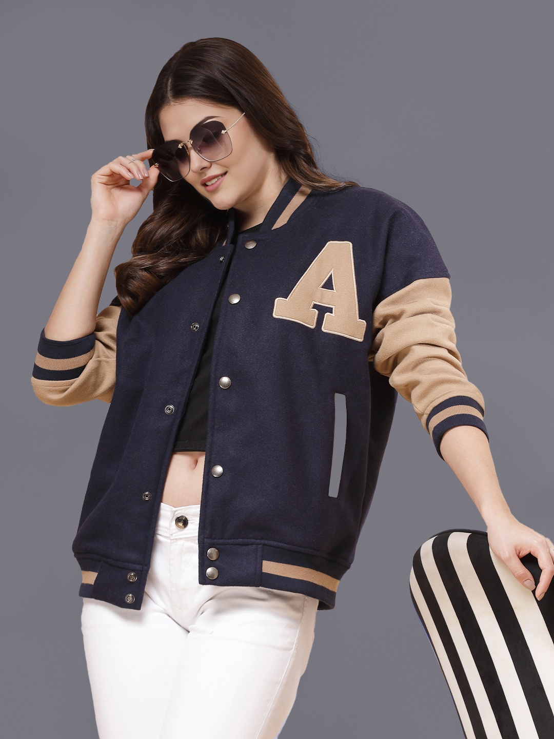 

HRX by Hrithik Roshan Women Colourblocked Stand Collar Oversized Varsity Jacket, Navy blue