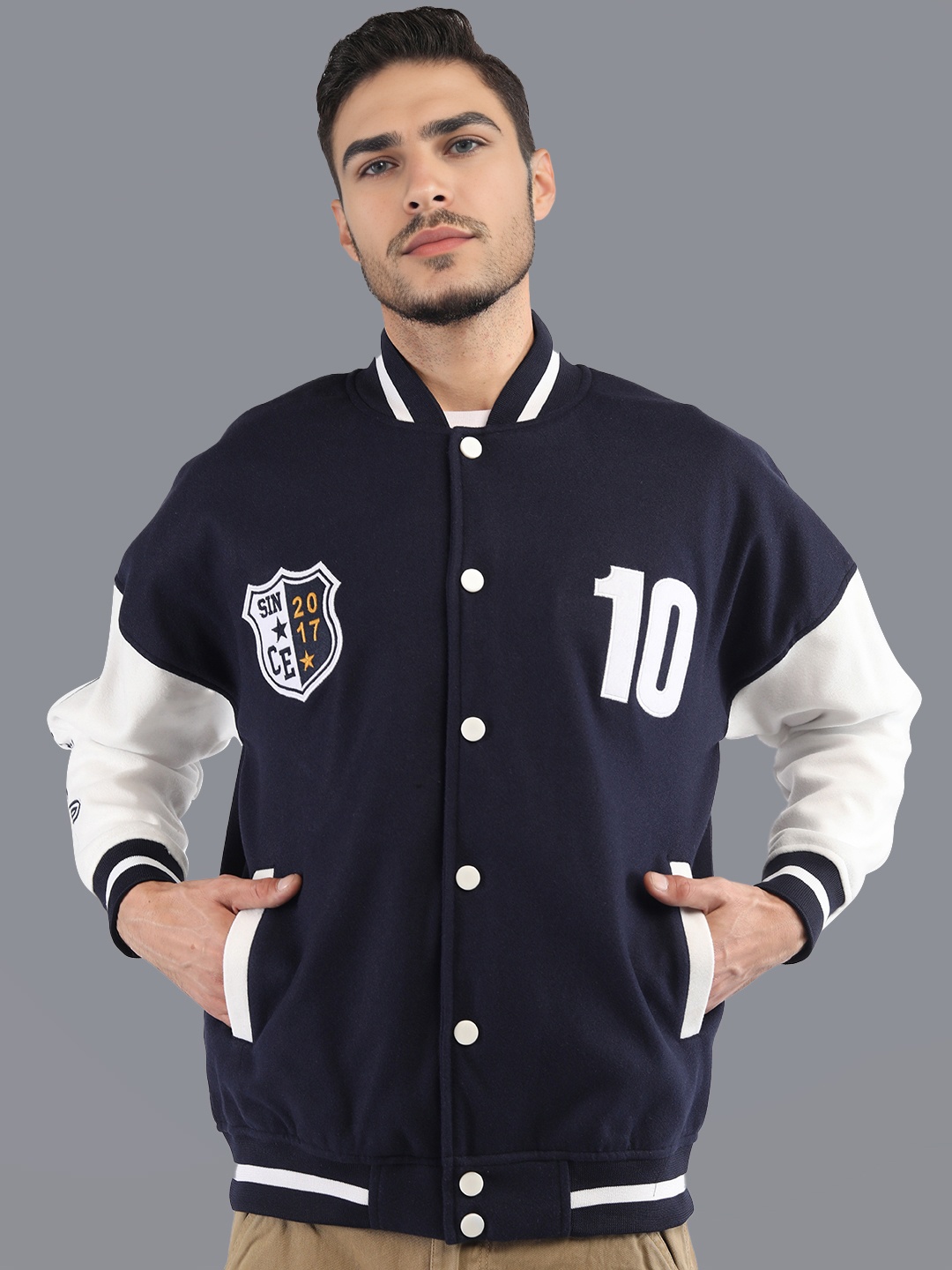 

HRX by Hrithik Roshan Men Colourblocked Stand-Collar Oversized Varsity Jacket, Navy blue