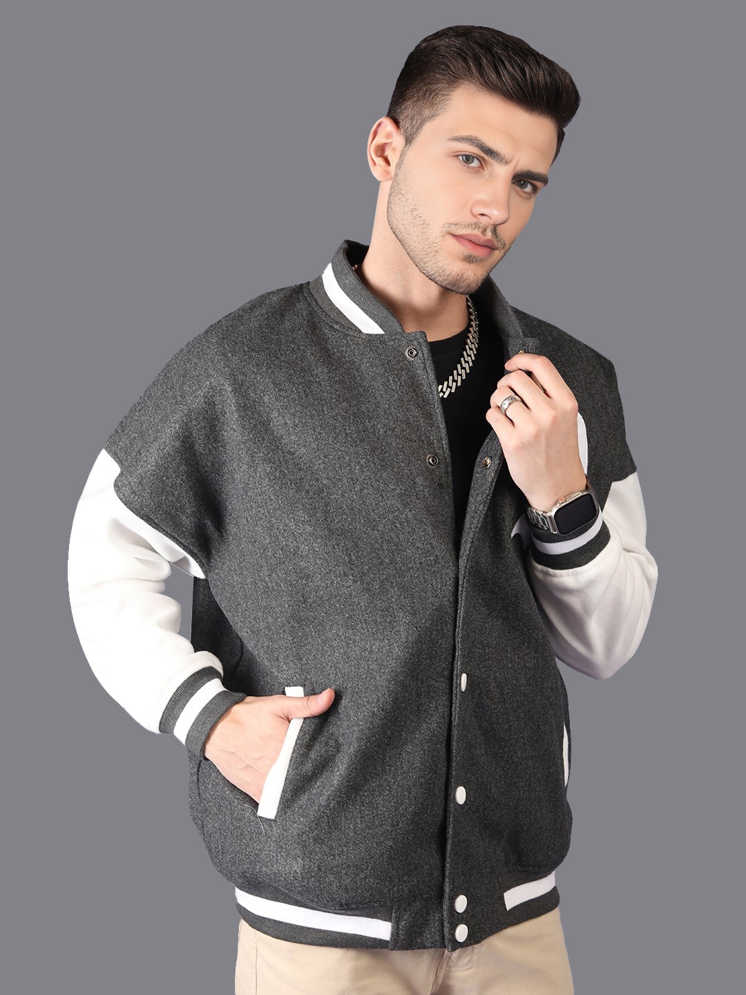 

HRX by Hrithik Roshan Men Colourblocked Stand-Collar Oversized Varsity Jacket, Grey