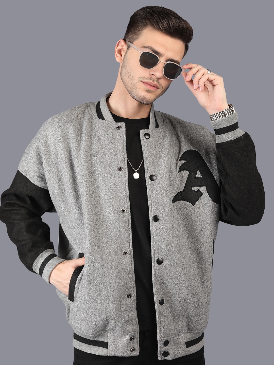 

HRX by Hrithik Roshan Men Colourblocked Stand-Collar Oversized Varsity Jacket, Grey