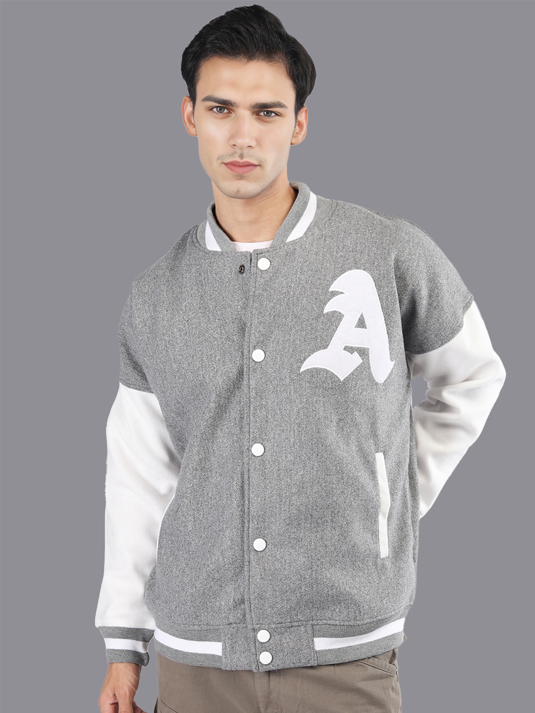 

HRX by Hrithik Roshan Men Colourblocked Stand-Collar Oversized Varsity Jacket, Grey