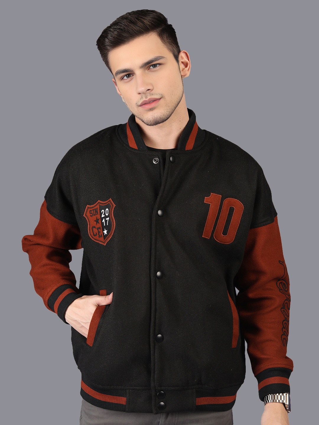 

HRX by Hrithik Roshan Men Colourblocked Stand-Collar Oversized Varsity Jacket, Black