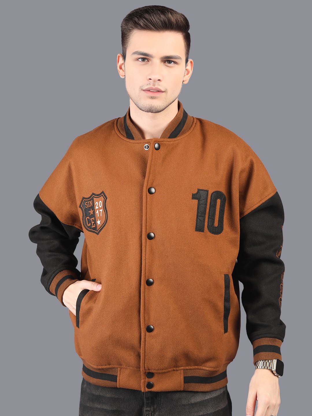 

HRX by Hrithik Roshan Men Colourblocked Stand-Collar Oversized Varsity Jacket, Brown