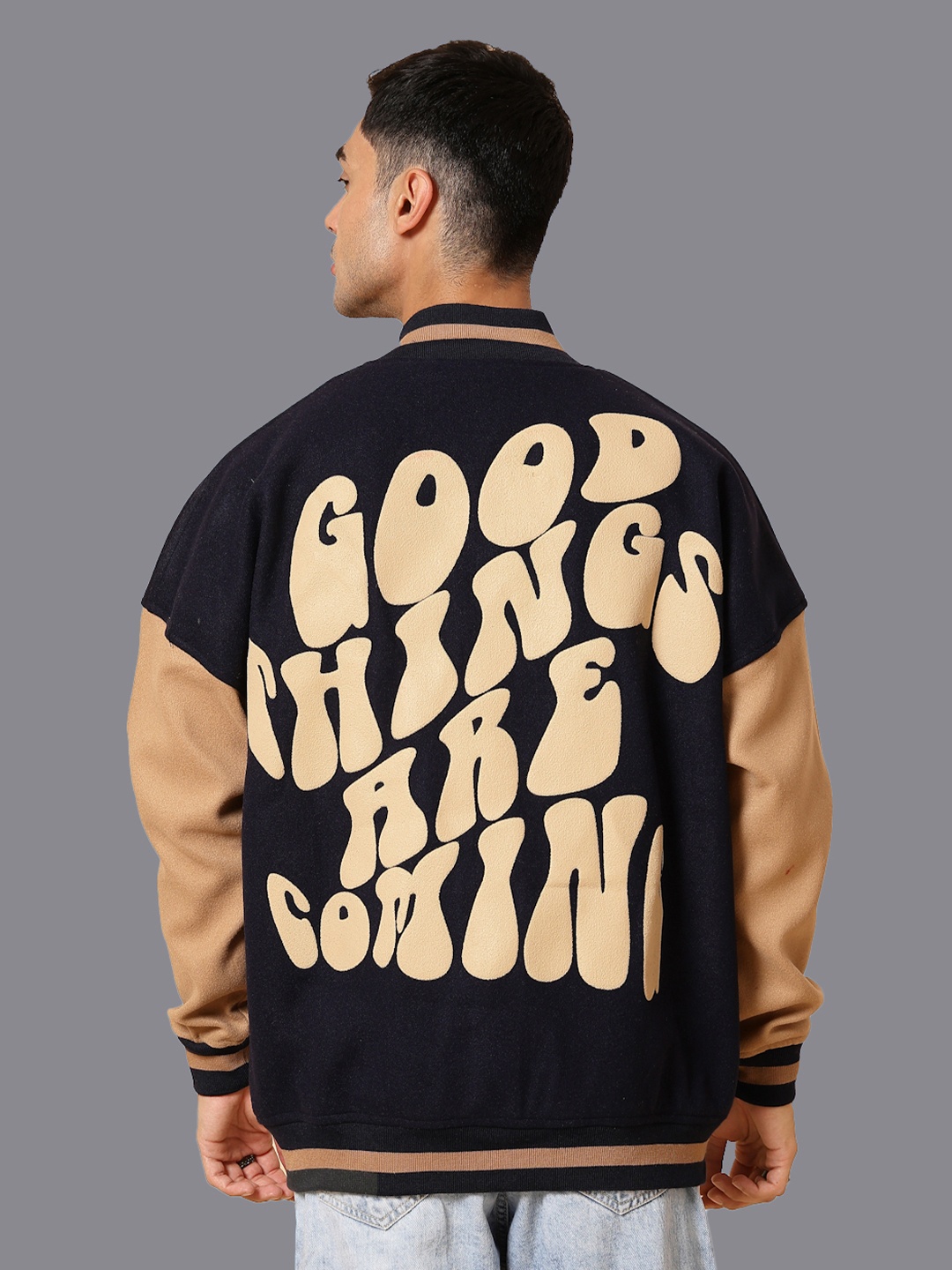 

HRX by Hrithik Roshan Men Stand Collar Typography Printed Oversized Varsity Jacket, Navy blue