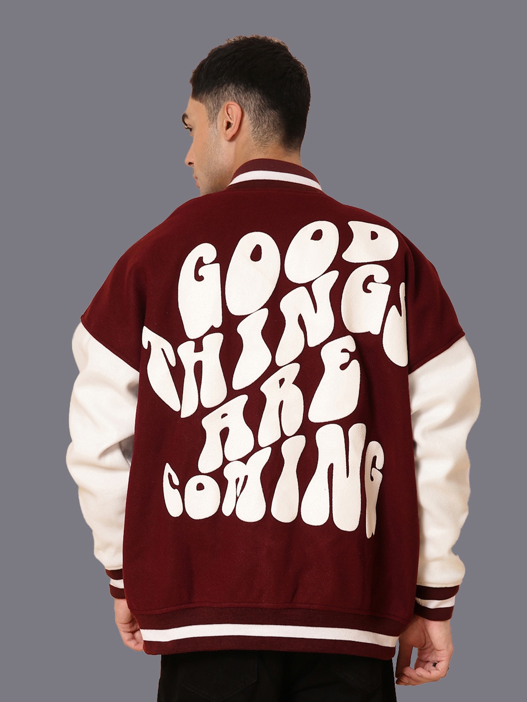 

HRX by Hrithik Roshan Men Stand Collar Typography Printed Oversized Varsity Jacket, Red