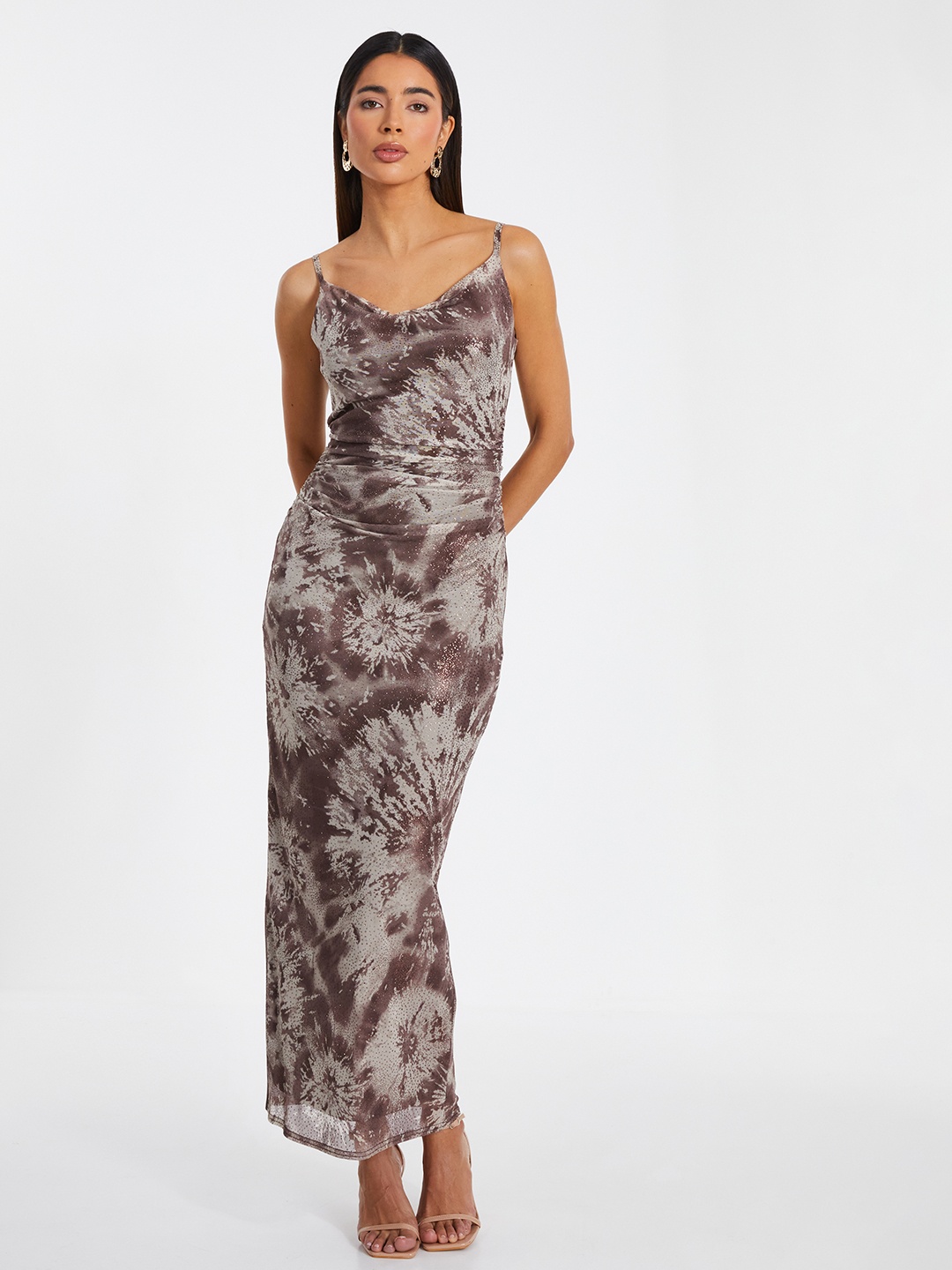 

QUIZ Embellished Print Bodycon Maxi Dress, Brown