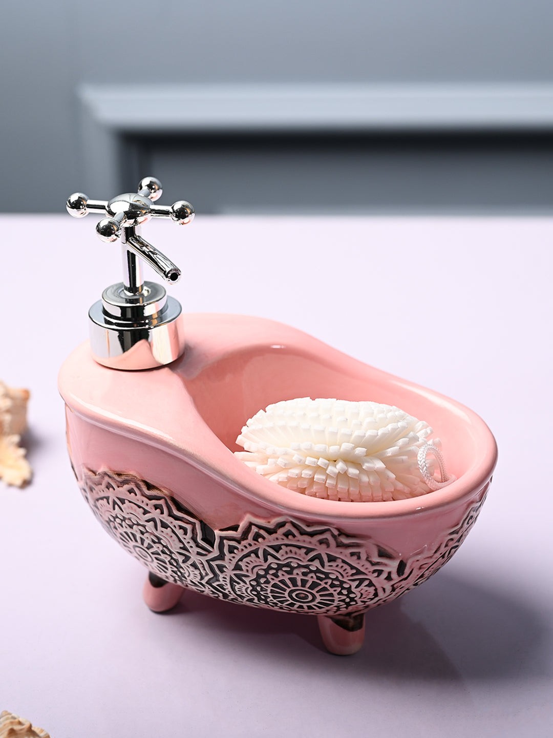 MARKET99 Pink Ethnic Motifs Bath Tub Shaped Ceramic Waterproof Soap Dispenser - 300 ml