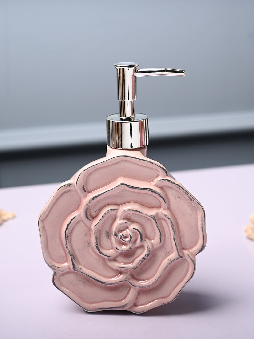 

MARKET99 Pink Floral Textured Rose Shaped Ceramic Waterproof Soap Dispenser - 500 ml