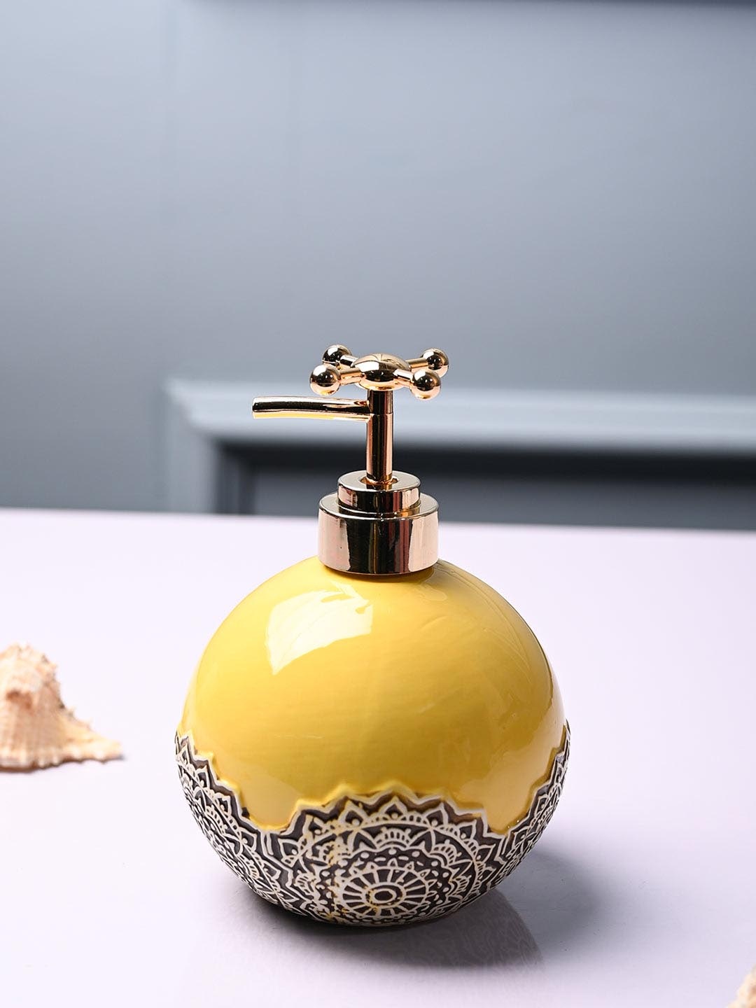 MARKET99 Yellow & Black Ethnic Motifs Round Shaped Ceramic Glossy Soap Dispenser - 300 ml