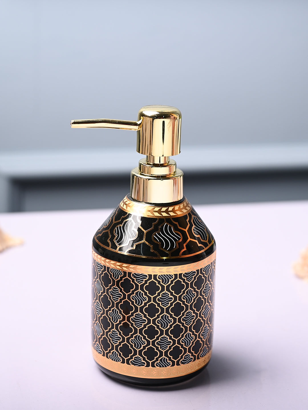 MARKET99 Black & Gold-Toned Geometric Printed Ceramic Glossy Soap Dispenser 550 ml