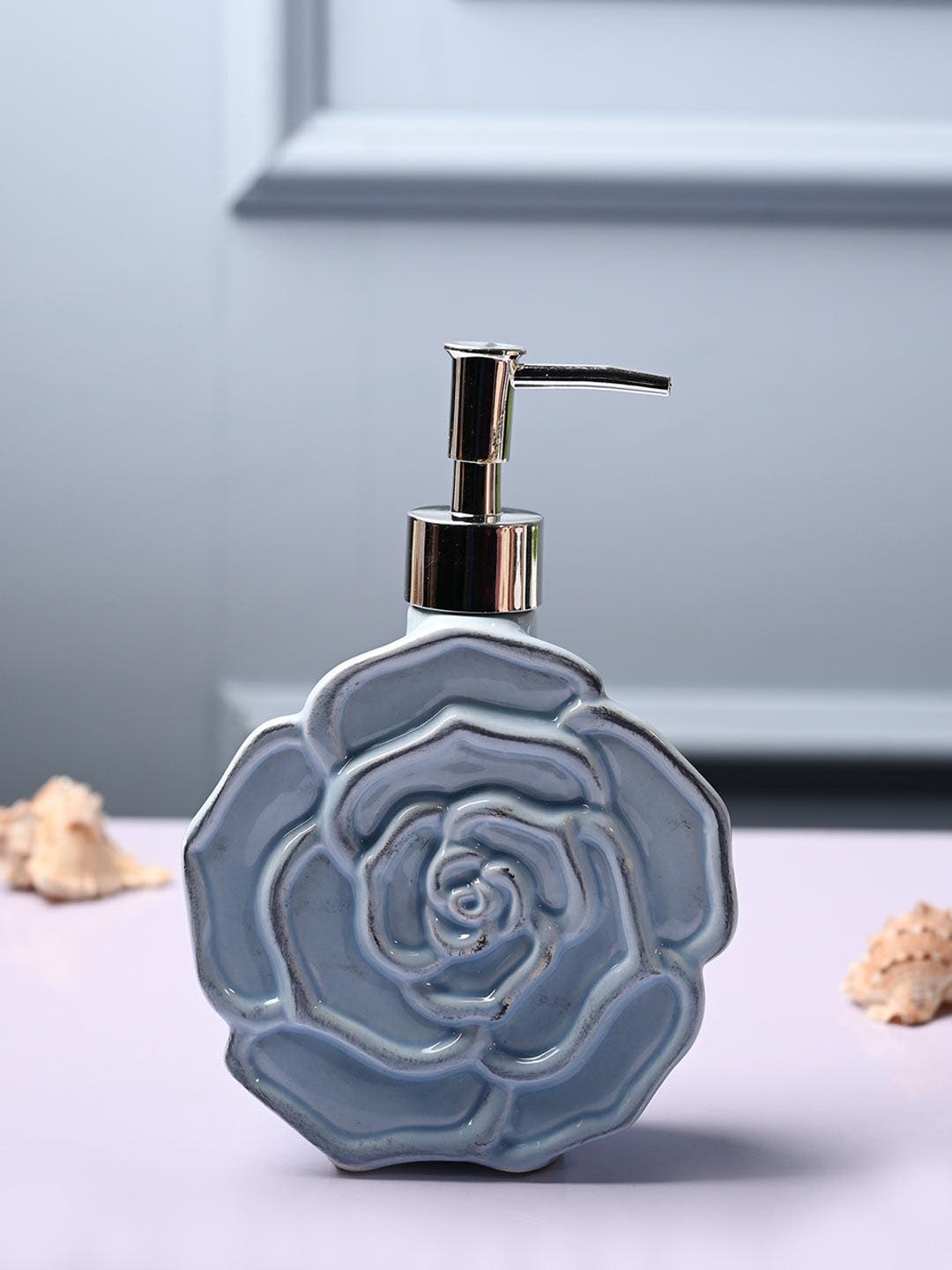 

MARKET99 Blue & Silver Toned Textured Rose Shaped Ceramic Matte Soap Dispenser - 500 ml