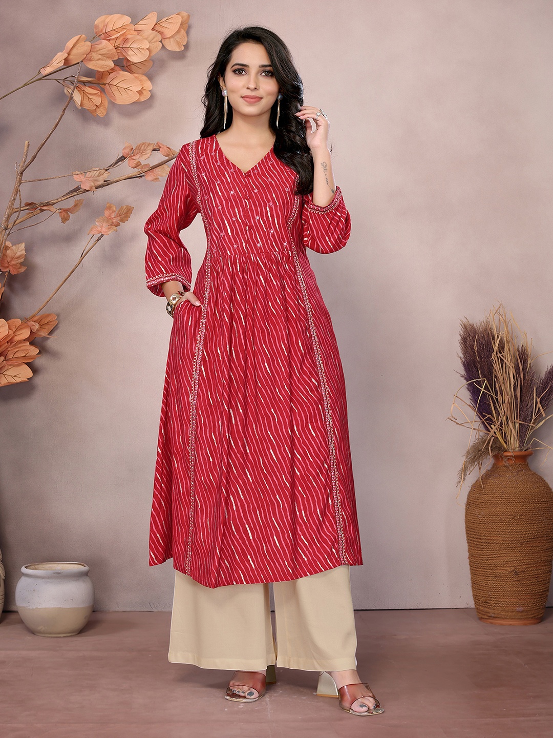 Rangita Women Embroidered Mirror Work Chanderi Silk Anarkali Kurta, Red