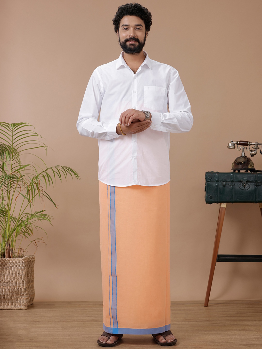 

Ramraj Men White Shirt with Coral Dhoti Combo