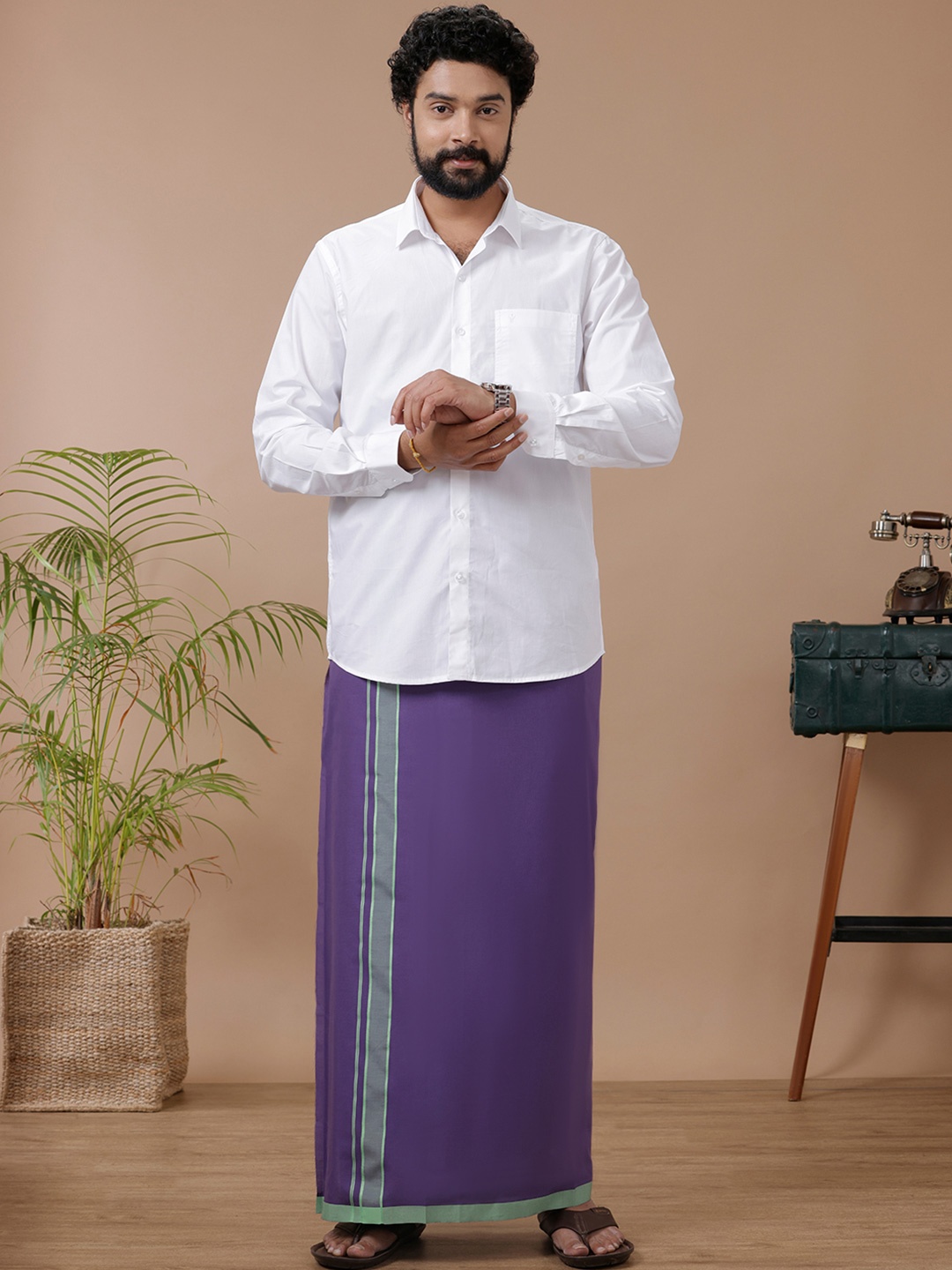 

Ramraj Men White Shirt with Violet Dhoti Combo