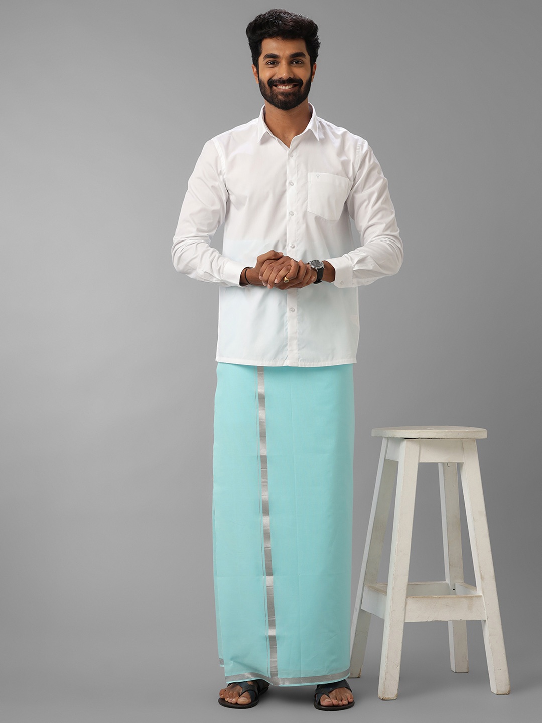 

Ramraj Men Formal White Shirt with Blue Dhoti Combo