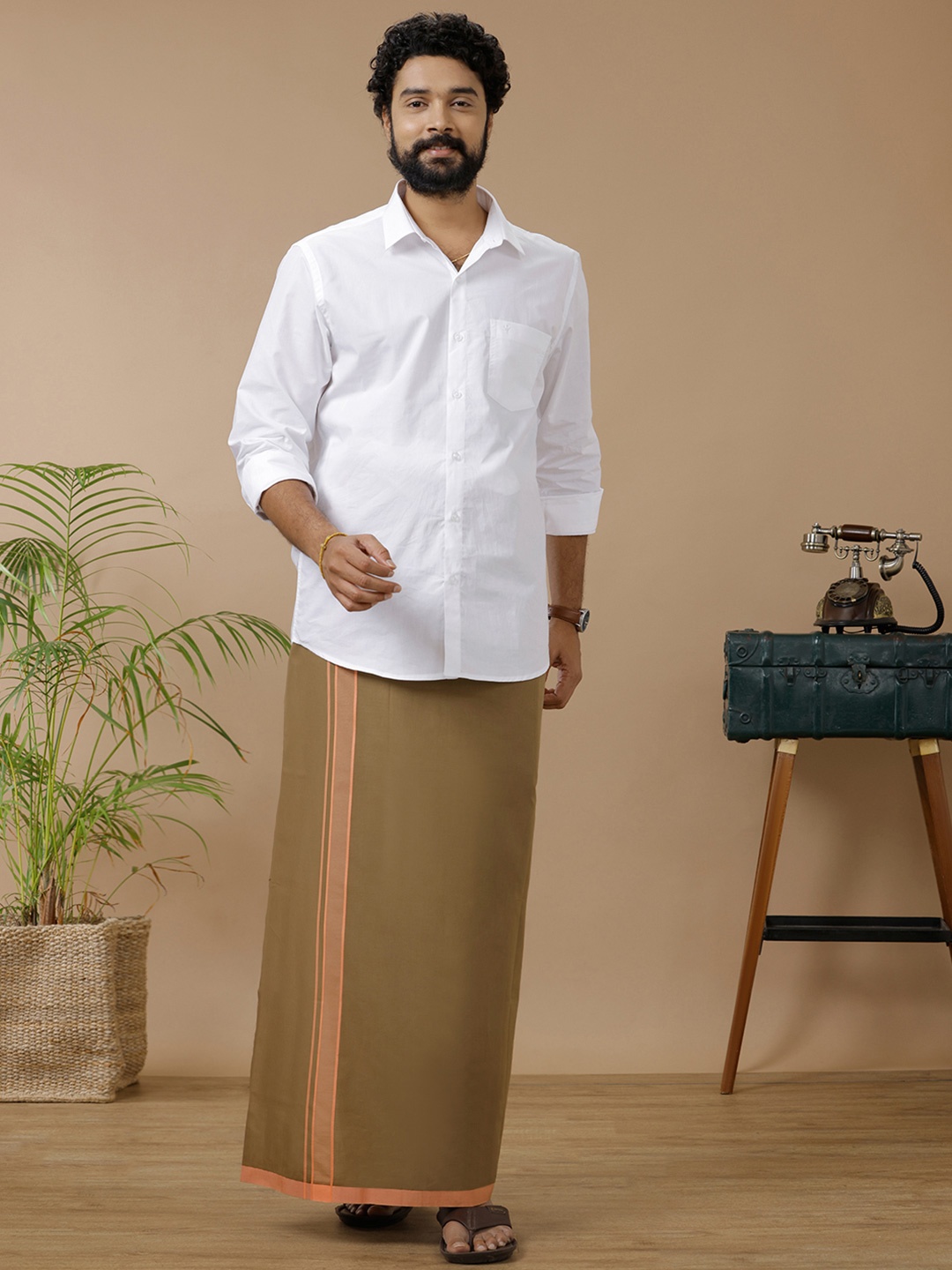 

Ramraj Men White Shirt with Brown Dhoti Combo