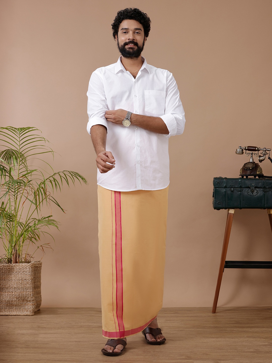 

Ramraj Men White Shirt with Light Kavi Dhoti Combo