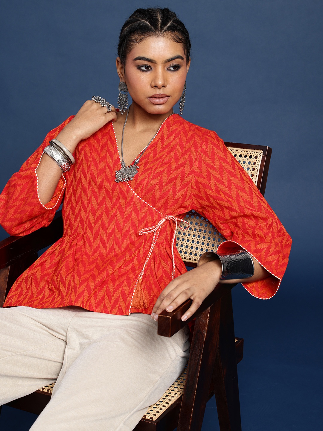 

Taavi Geometric Printed Bell Sleeve Pure Cotton Angrakha Top, Orange