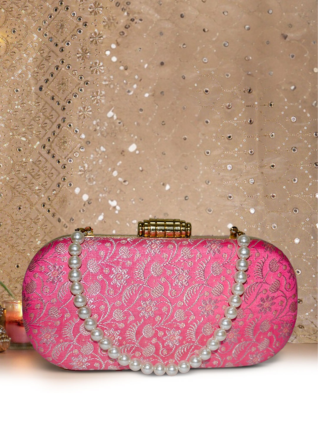 

ARTFLYCK Printed Embellished Box Clutch, Pink