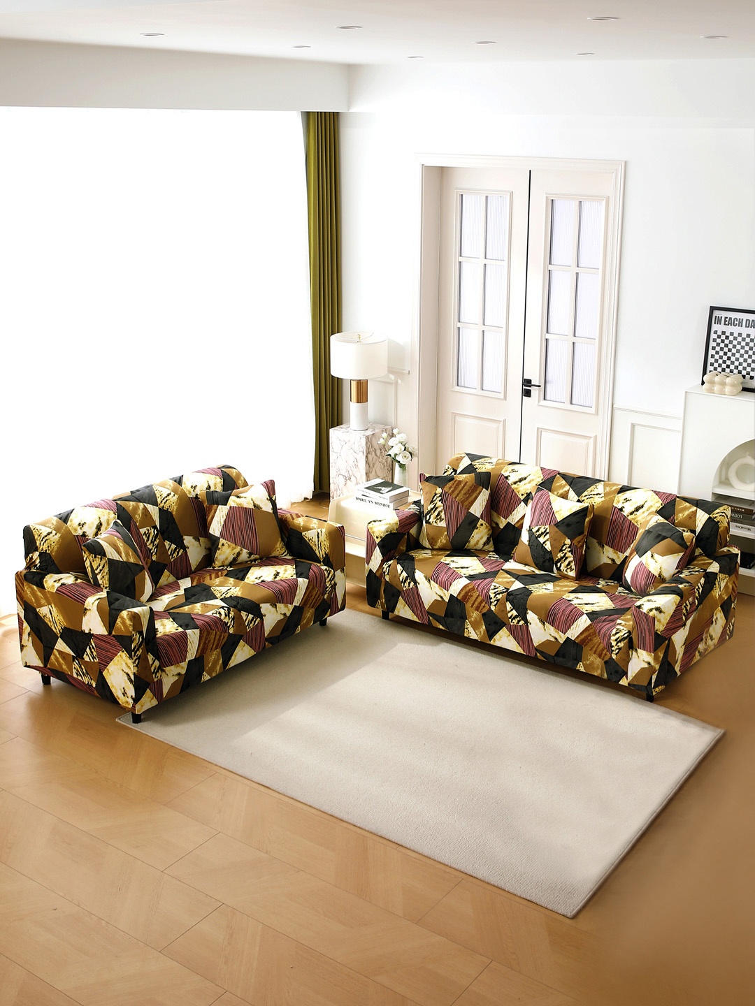 

HOKIPO Wine Abstract Geometry Stretchable 3 Seater and 2 Seater Sofa Cover, Burgundy
