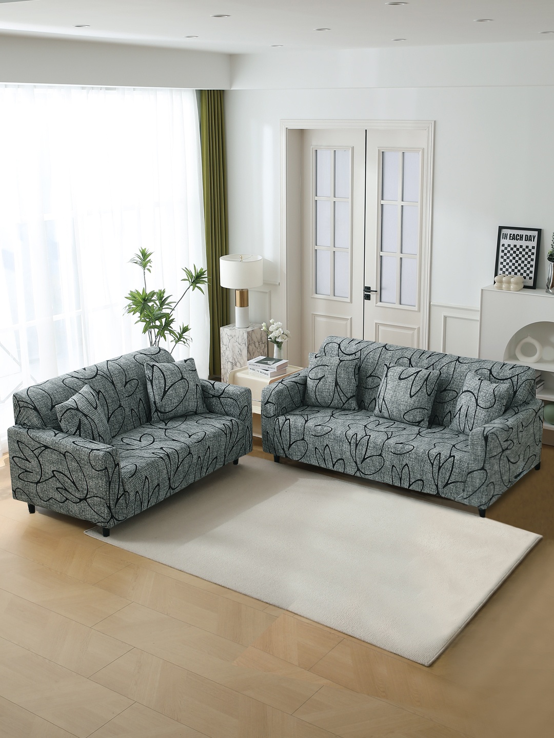 

HOKIPO Grey Abstract Floral 140 GSM Stretchable 3+2 Seater Sofa Cover