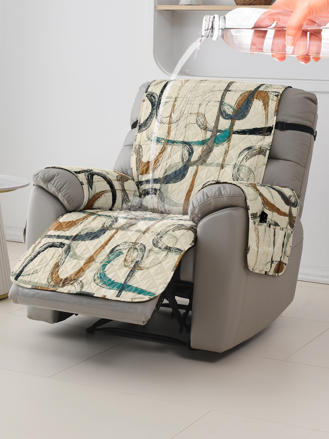 

HOKIPO Beige & Green Printed Polyester Recliner Sofa Cover With Arms