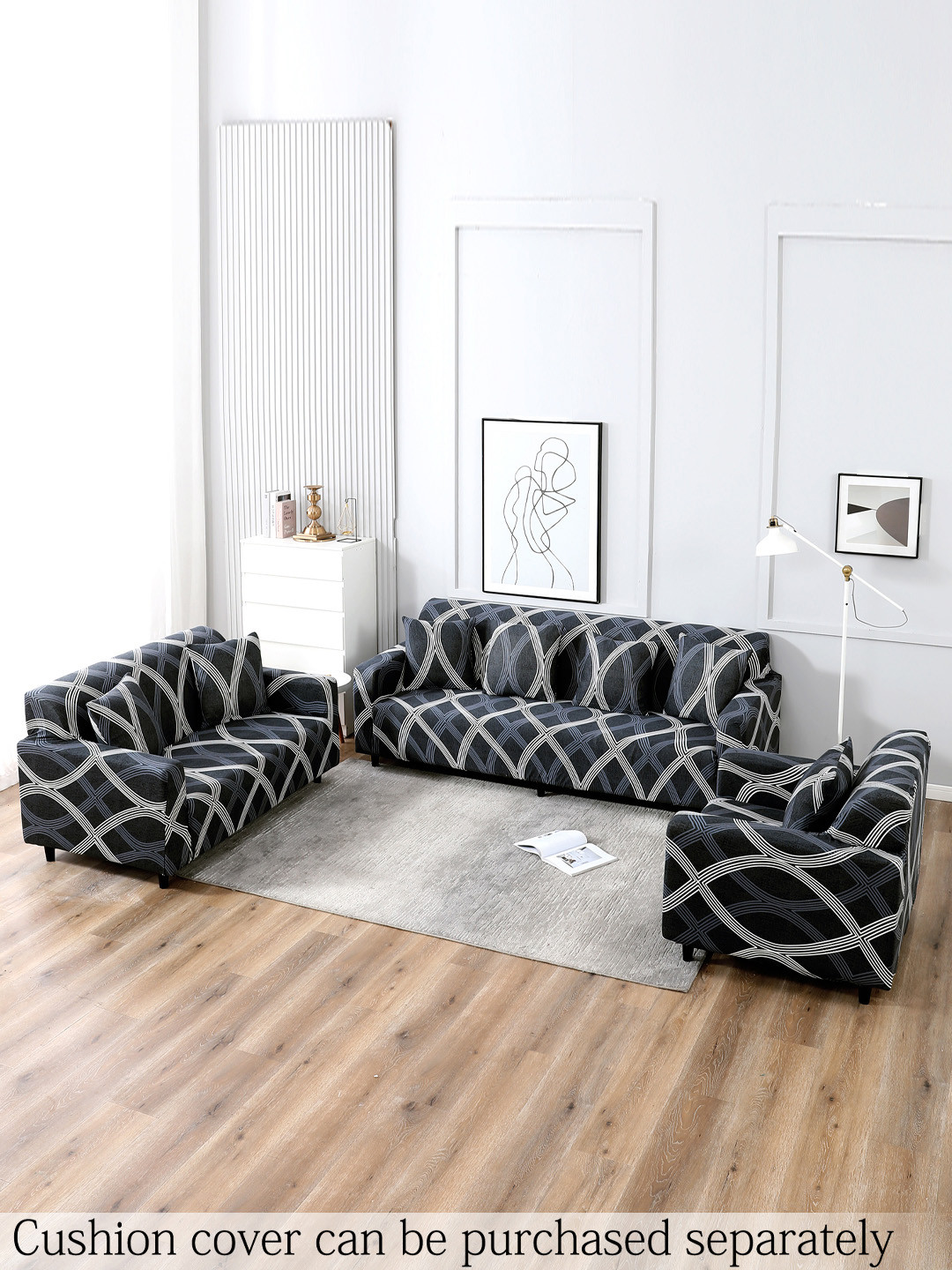 

HOKIPO Grey & White Printed 3+1+1 Seater Sofa Cover