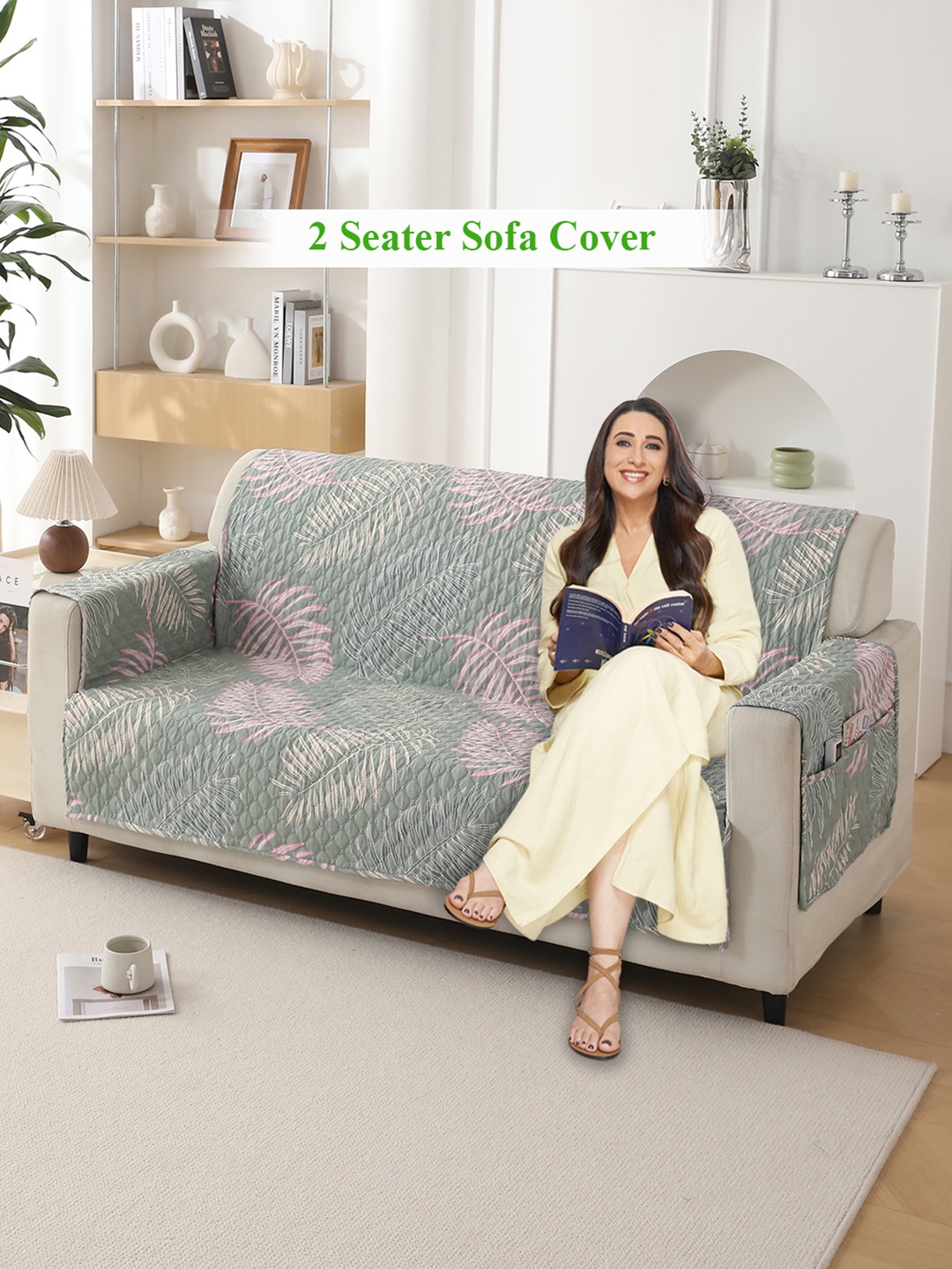 

HOKIPO Green & Pink Printed Polyester 2 Seater Sofa Mat with Pockets & Arms