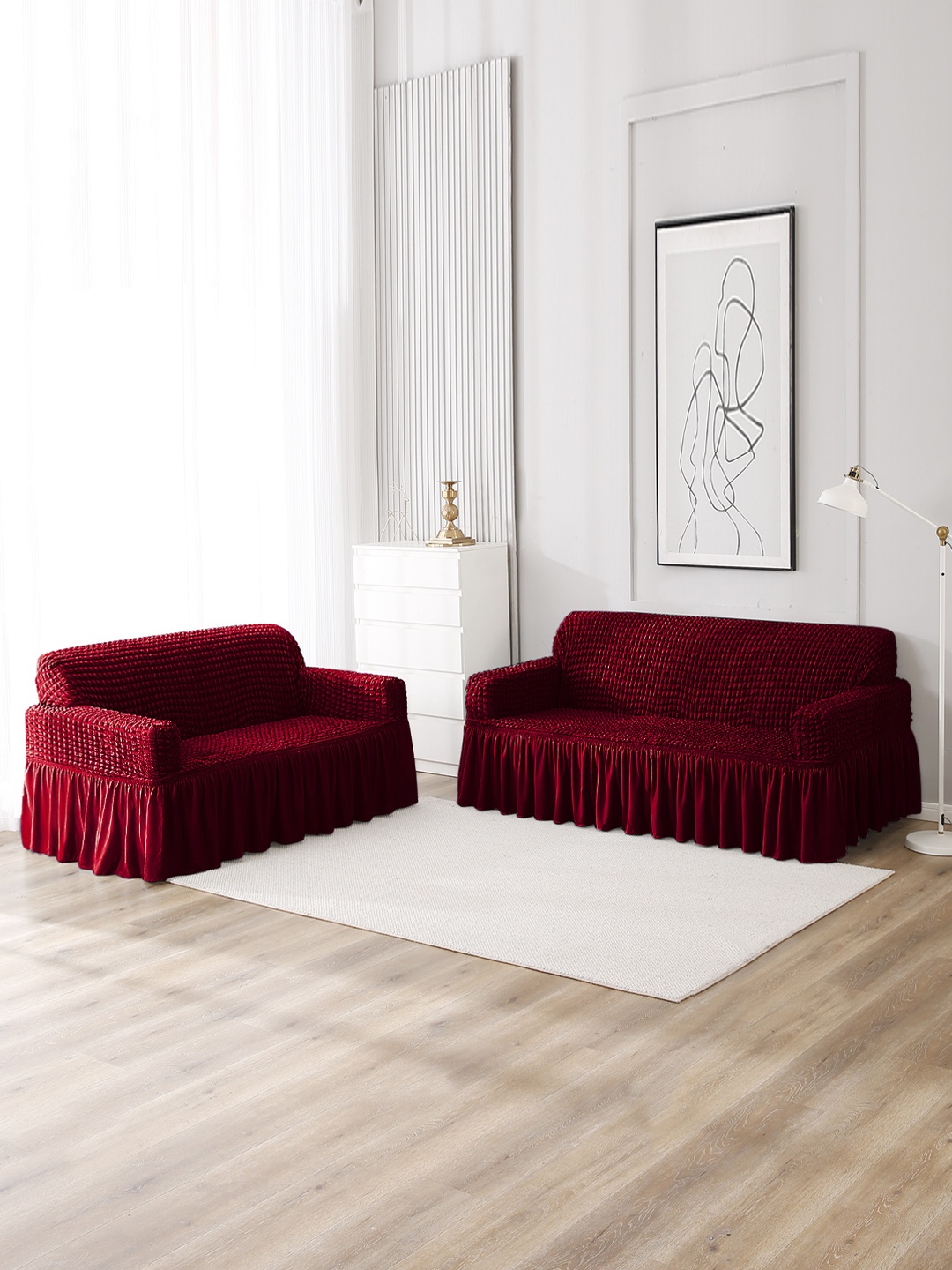 

HOKIPO Wine Turkish Bubble Frill Elastic 3 Seater and 2 Seater Sofa Cover, Red