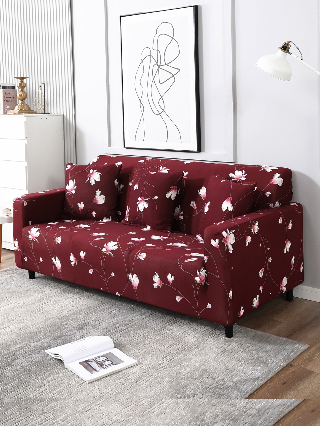 

HOKIPO Red & White Printed Sofa Cover with Arms