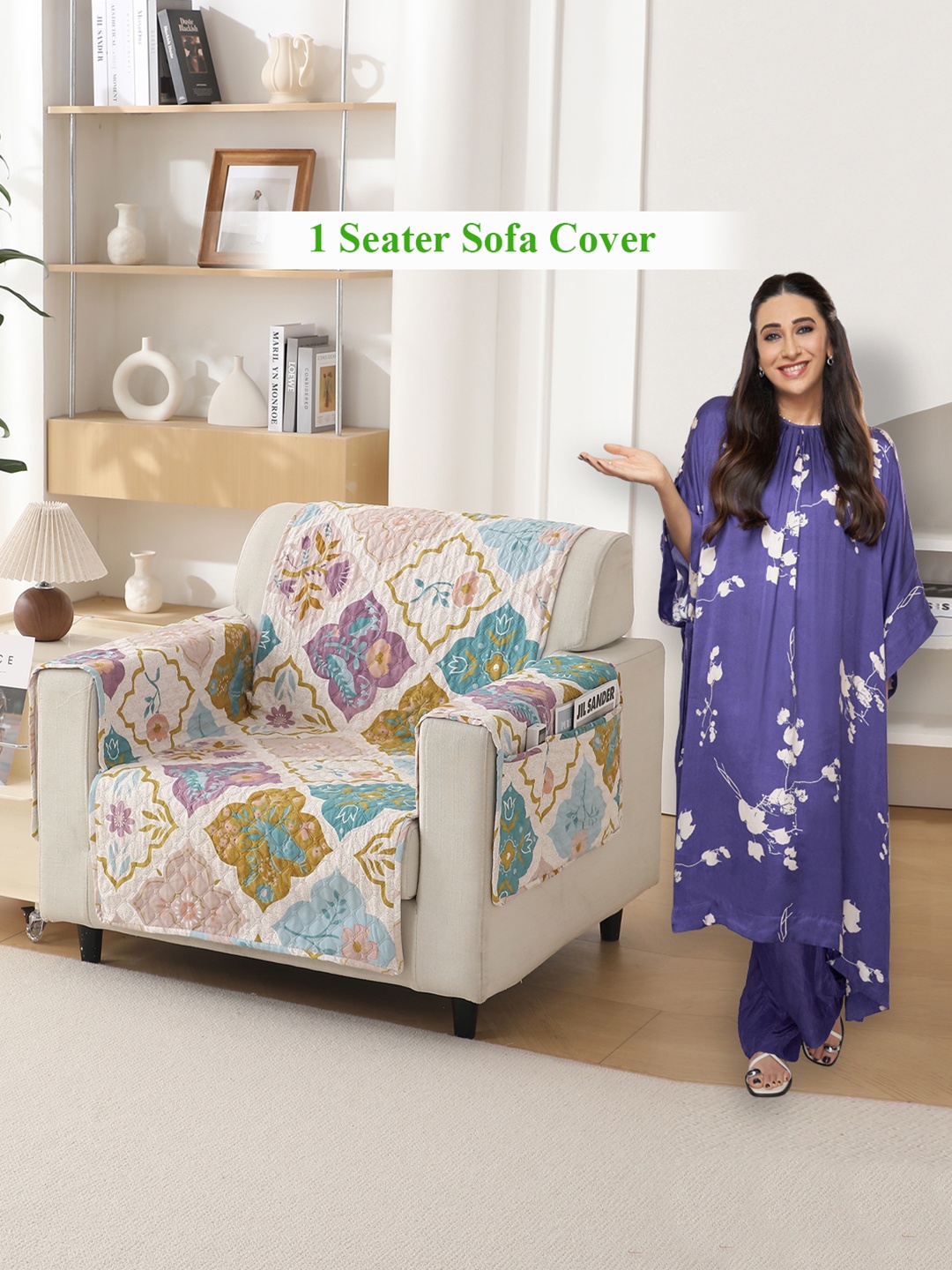 

HOKIPO Beige & Blue Printed Polyester 1 Seater Sofa Mat with Pockets