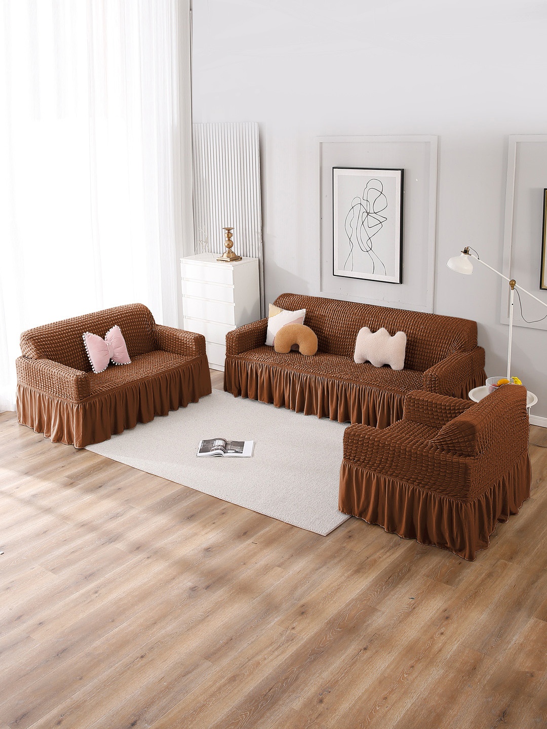 

HOKIPO Brown Polyester 3+1+1 Seater Frilled Sofa Cover with Arms