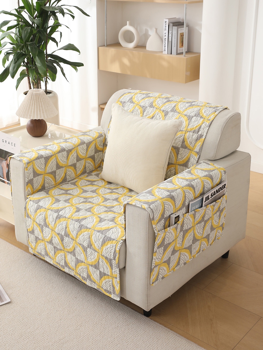 

HOKIPO Yellow & Grey Printed Polyester 1 Seater Sofa Mat With Arms & Pockets