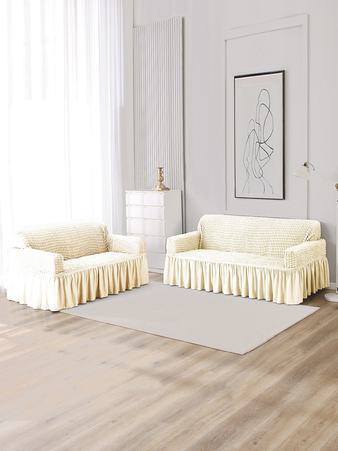 

HOKIPO Cream Elastic Stretchable 3 Seater & 2 Seater Turkish Bubble Frill Sofa Cover