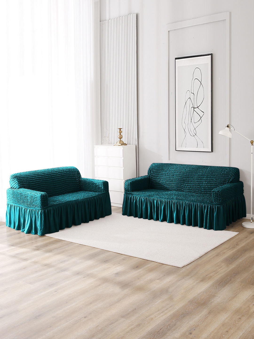 

HOKIPO Teal Polyester 5 Seater Frilled Sofa Covers