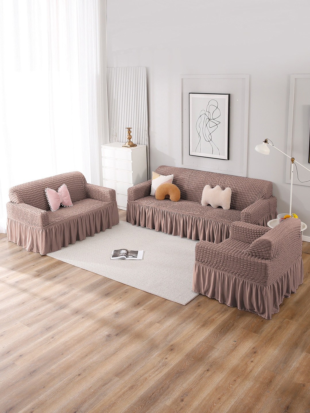 

HOKIPO Brown Polyester 3+1+1 Seater Frilled Sofa Cover with Arms