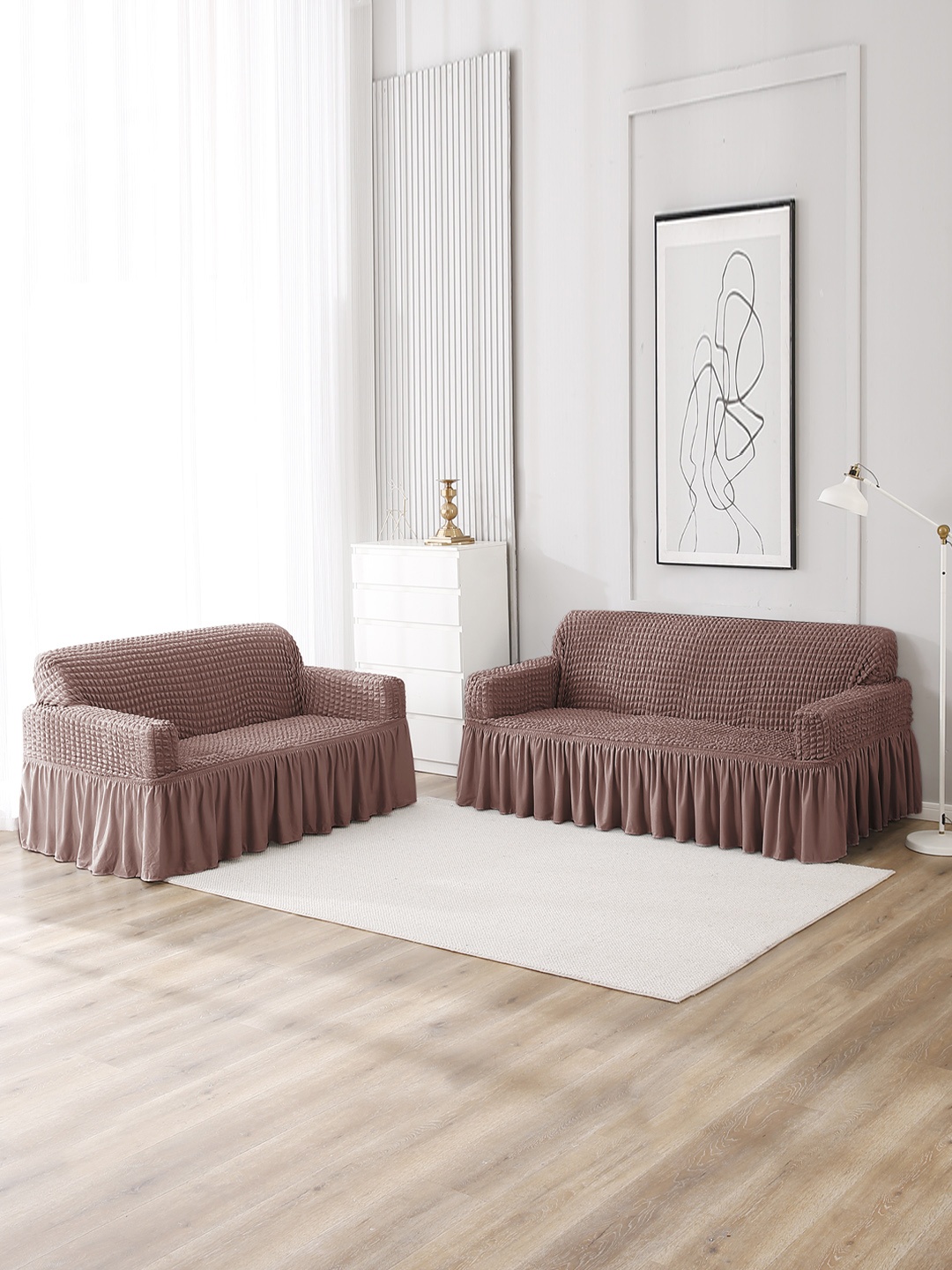 

HOKIPO Brown Solid Polyester 3+2 Seater Frilled Sofa Covers With Arms