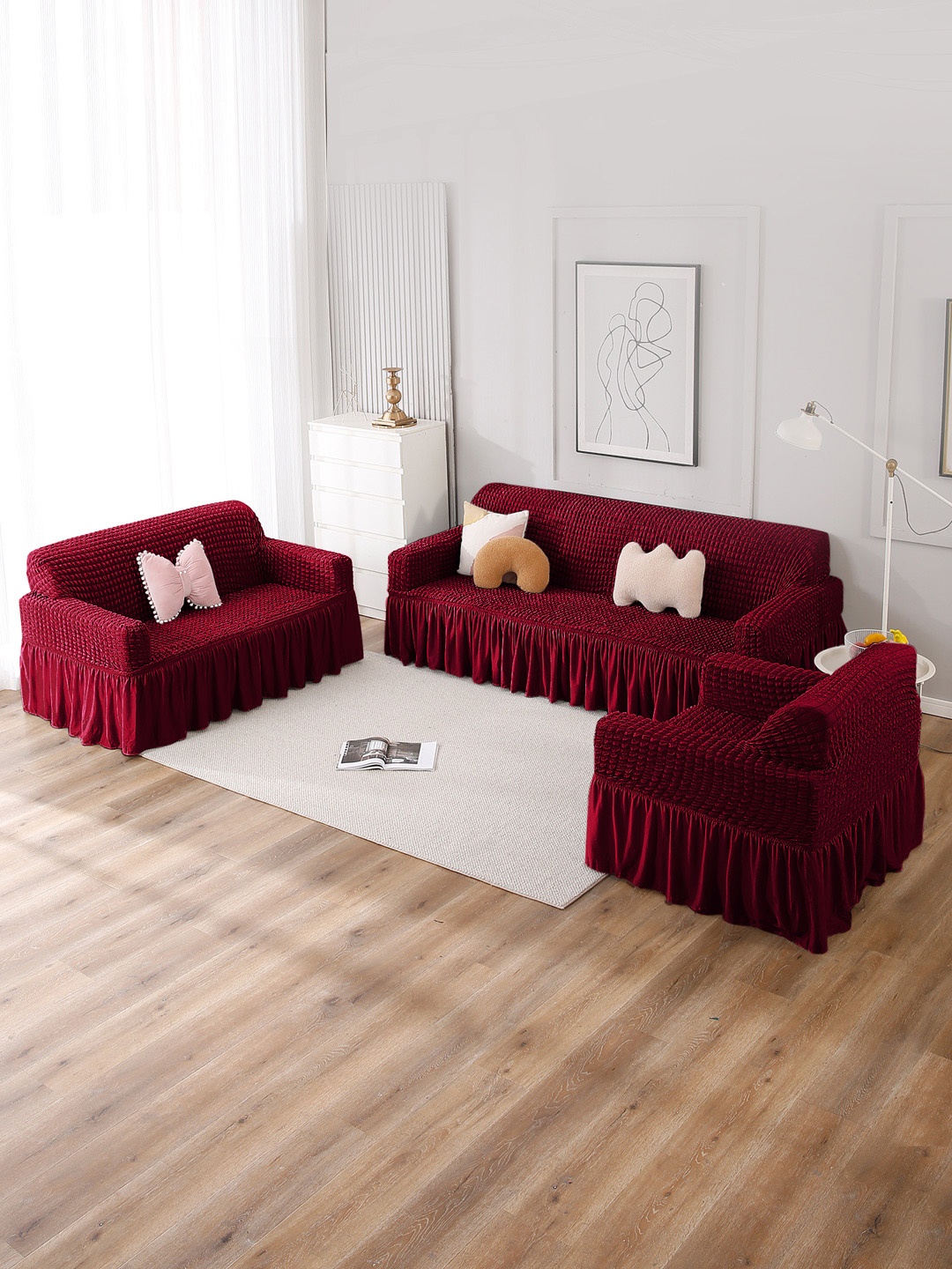

HOKIPO Red Solid Polyester 3+1+1 Seater Sofa Covers