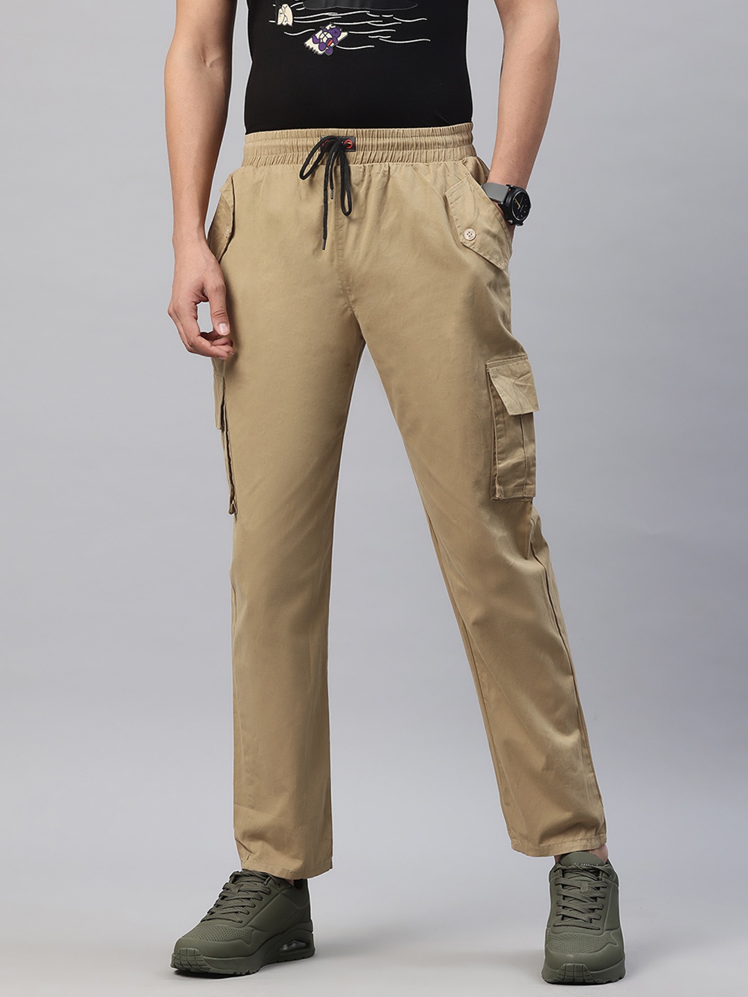 

POSHAX Men Mid-Rise Cotton Regular Fit Cargos, Khaki