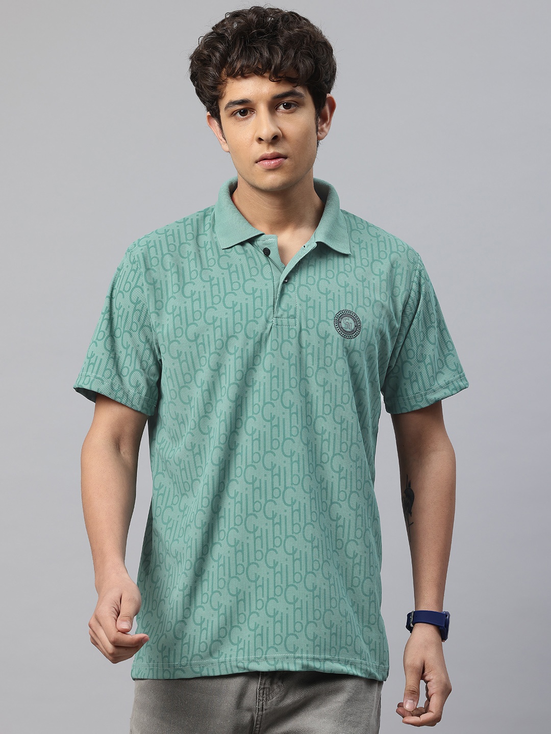 

POSHAX Typography Print Polo Collar T-shirt, Green
