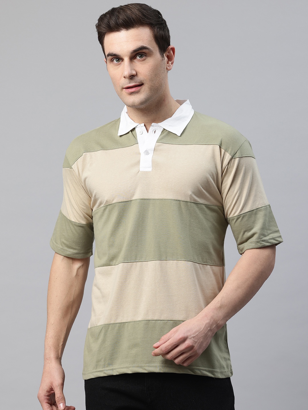 

POSHAX Colourblocked Print Polo Collar T-shirt, Green